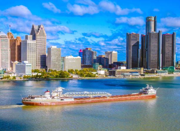 Ship Wilfred Sykes heads upstream on the Detroit River.