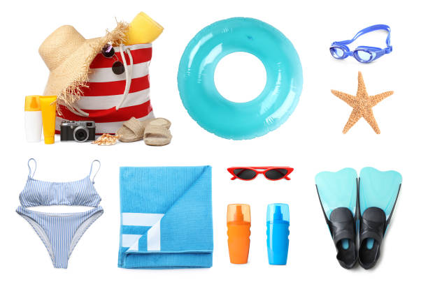 istock Set with stylish beach bag and other accessories on white background 1391809512