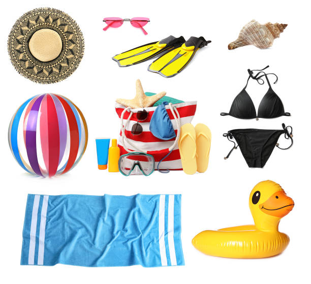 istock Set with stylish beach bag and other accessories on white background 1391809625
