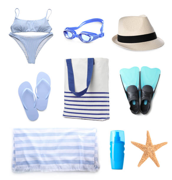 istock Set with stylish beach bag and other accessories on white background 1391809721