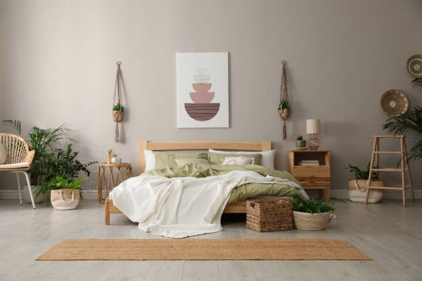istock Stylish room interior with comfortable wooden bed 1391810650