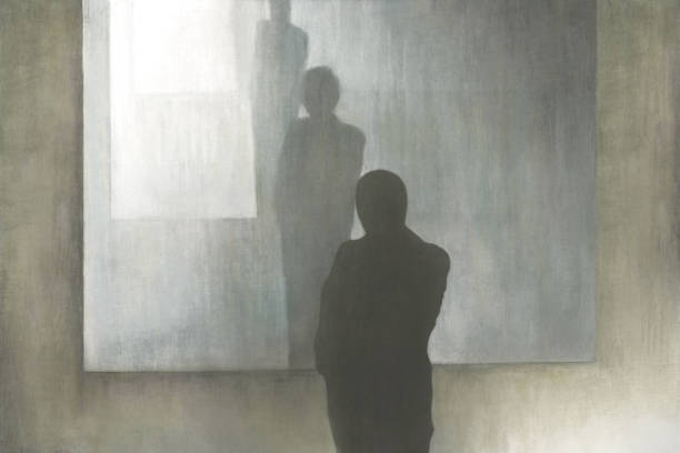 istock Illustration of man observing his figure reflected in the mirror, surreal identity concept 1391811064