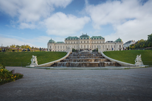 Vienna, Austria - Oct 12, 2019: Cascade Fountain (Kaskadenbrunnen) and Upper Belvedere Palace - Vienna, Austria