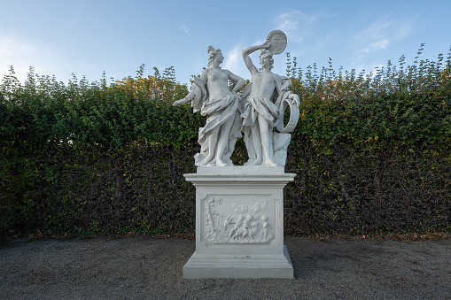 sculptures at Jardín de Monforte, a neo-classical-style city park in the Spanish city of Valencia. The public garden has many fountains and marble sculptures; Valencia, Spain