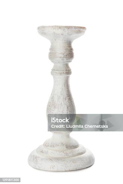 One Stylish Wooden Candlestick Isolated On White Stock Photo - Download Image Now - Candlestick Holder, White Background, Wood - Material