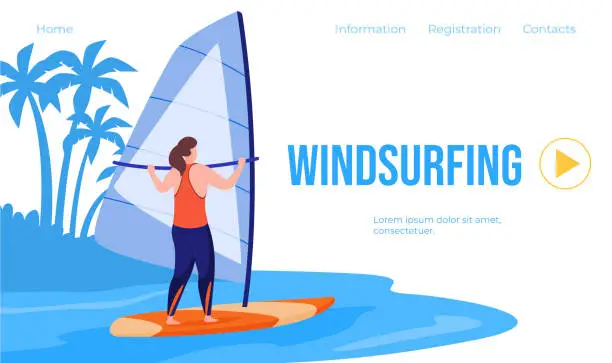 Vector illustration of Windsurfing landing page video play internet banner promo vector flat woman extreme water sport