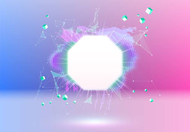 istock Abstract pink and blue vaporwave styled background with shiny neon frame, brush stroke, halftone blot and  triangular dotted grid. 1391815732