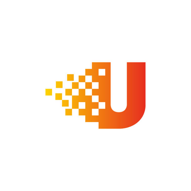 Colorful letter U fast pixel dot logo. Pixel art with the letter U. Integrative pixel movement. Creative scattered technology icon. Modern icon creative ports. Vector logo design. letter u with words stock illustrations
