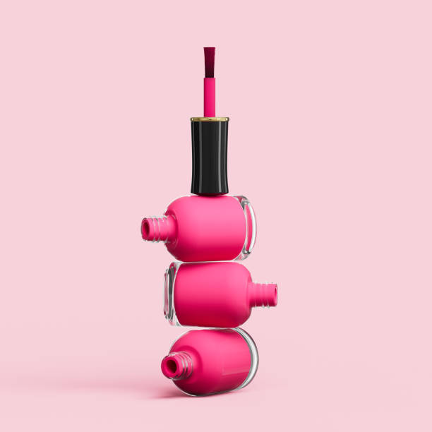 esmalte de garrafas empilhadas isoladas na ilustração 3d de fundo rosa - esmalte cosmético - fotografias e filmes do acervo