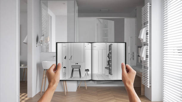 istock Hands holding notepad with creative bathroom design blueprint sketch or drawing. Real interior design project background. Before and after concept, architect designer work flow idea 1391819036