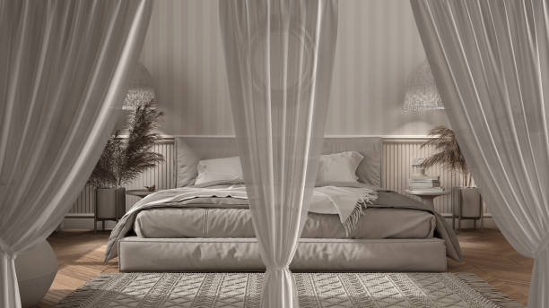 istock White openings curtains overlay classic bedroom, interior design background, front view, clipping path, vertical folds, soft tulle textile texture, stage concept with copy space 1391819040