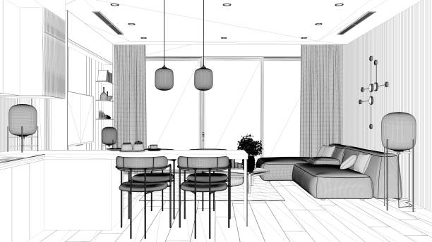 istock Blueprint project draft, living room with kitchen in minimalist apartment, sofa with table, kitchen with island and dining table, armchairs. Big panoramic window, interior design idea 1391819050
