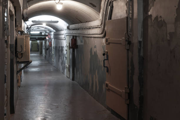 istock Abstract dark industrial interior, underground military bunker 1391820183