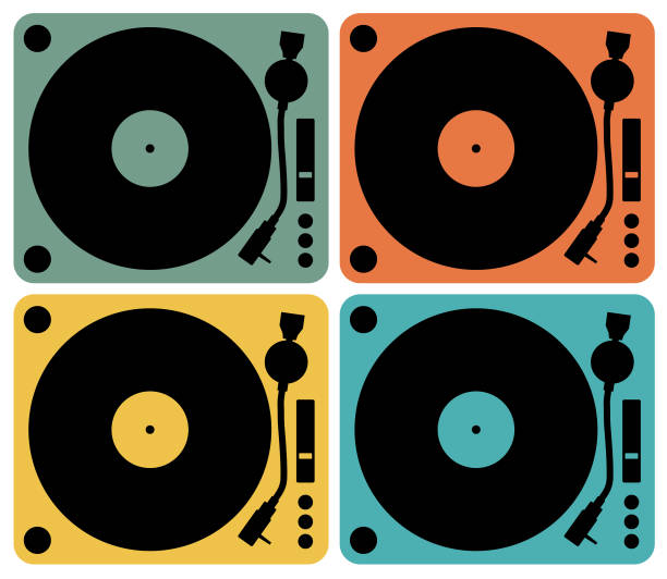 retro music vintage gramofon plakat w stylu retro desigh. disco party 60s, 70s, 80s. - record turntable disc jockey pop art stock illustrations