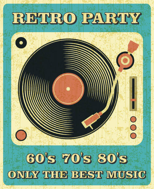 retro muzyka vinyl record plakat w stylu retro designu. - record turntable disc jockey pop art stock illustrations