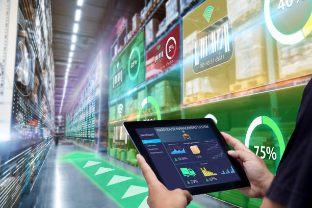 Smart Augmented Reality,AR warehouse management system. stock photo
