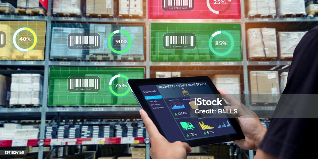 Smart Augmented Reality,AR warehouse management system. Worker hands holding tablet on blurred warehouse as background Checklist Stock Photo