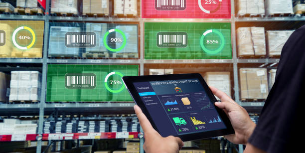 Smart Augmented Reality,AR warehouse management system. stock photo