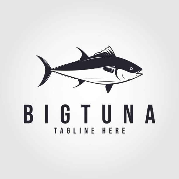 illustrazioni stock, clip art, cartoni animati e icone di tendenza di vettore del modello di icona del tonno. modello di pesce come alimento per il design - tuna