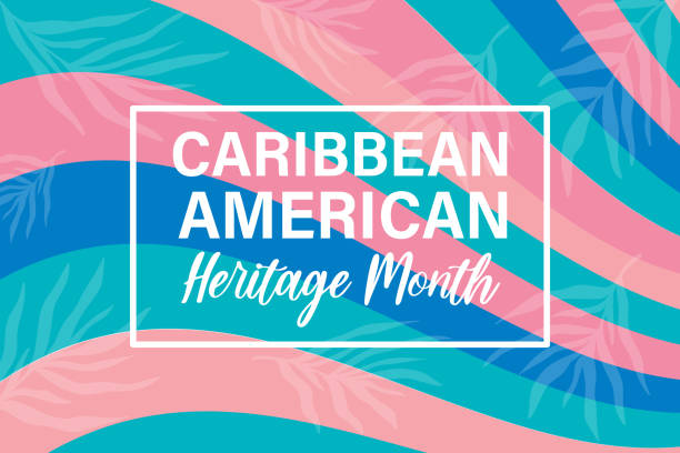 illustrazioni stock, clip art, cartoni animati e icone di tendenza di caribbean american heritage month - celebrazione negli stati uniti. design luminoso del modello di banner colorato con silhouette del fogliame delle foglie di palma. - tradizione