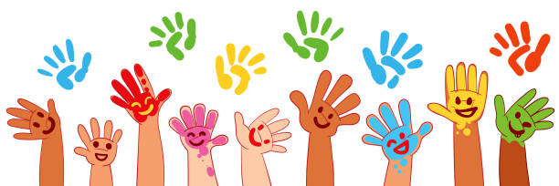 Les mains des enfants dans une peinture colorée avec des sourires - Illustration vectorielle
