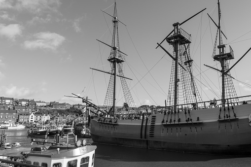 Whitby.North Yorkshire.United Kingdom.February 15th 2022.The Endeavour boat at Endeavour Wharf in Whitby