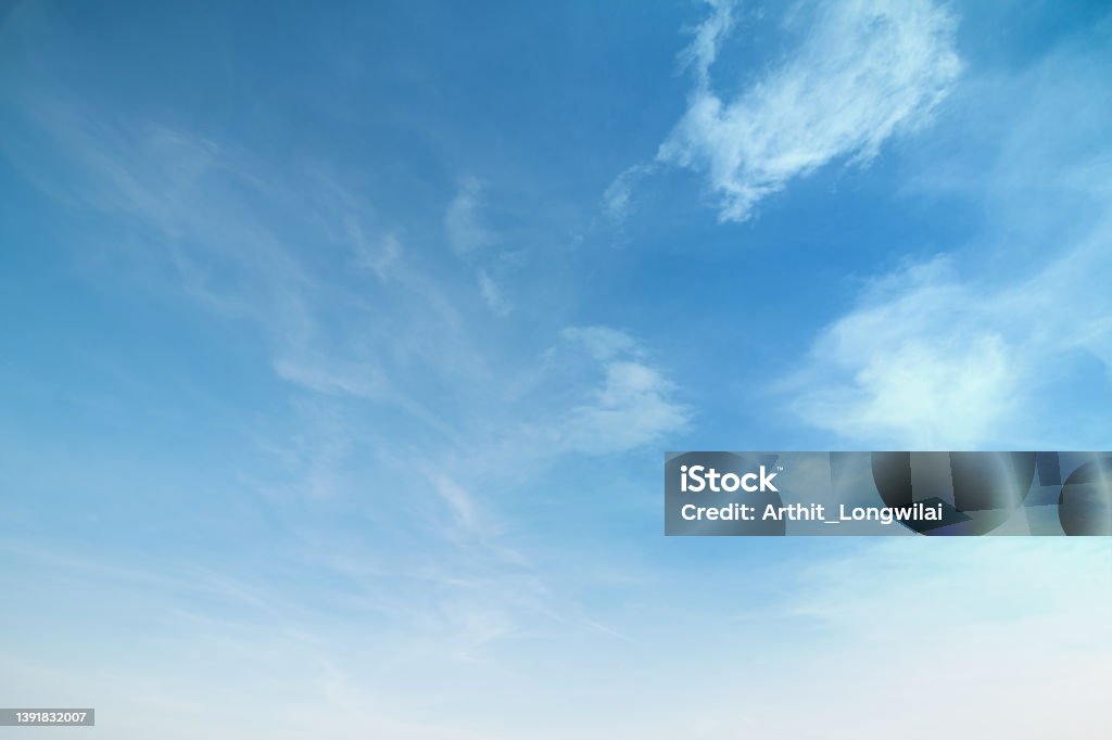 Summer blue sky cloud gradient light white background. Beauty clear cloudy in sunshine calm bright winter air bacground. Gloomy vivid cyan landscape in environment day horizon skyline view spring wind Sky Stock Photo