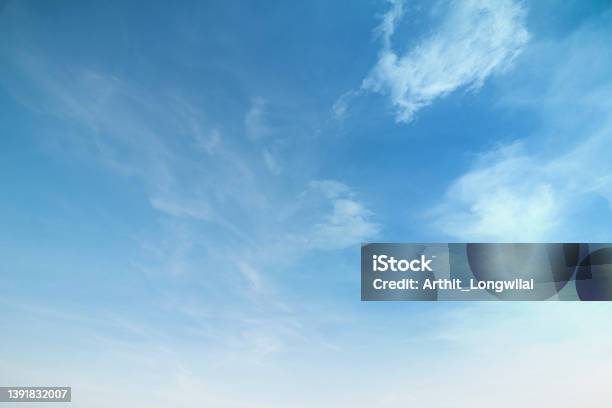 Summer Blue Sky Cloud Gradient Light White Background Beauty Clear Cloudy In Sunshine Calm Bright Winter Air Bacground Gloomy Vivid Cyan Landscape In Environment Day Horizon Skyline View Spring Wind Stock Photo - Download Image Now