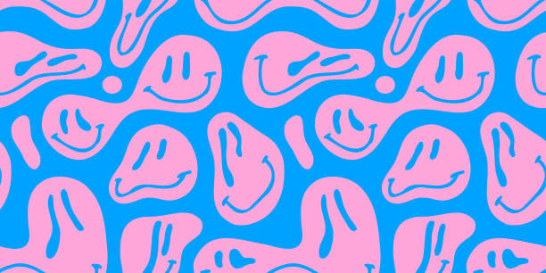 funny melting smiling happy face colorful cartoon seamless pattern - psikedelik stock illustrations