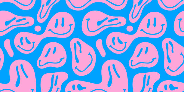 Funny melting smiling happy face colorful cartoon seamless pattern Funny melting smiling happy face colorful cartoon seamless pattern. Retro psychedelic drug effect smile icon background texture. Trendy character doodle wallpaper. psychedelia stock illustrations