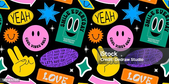 istock Funny smiling happy face colorful sticker label seamless pattern 1391832160