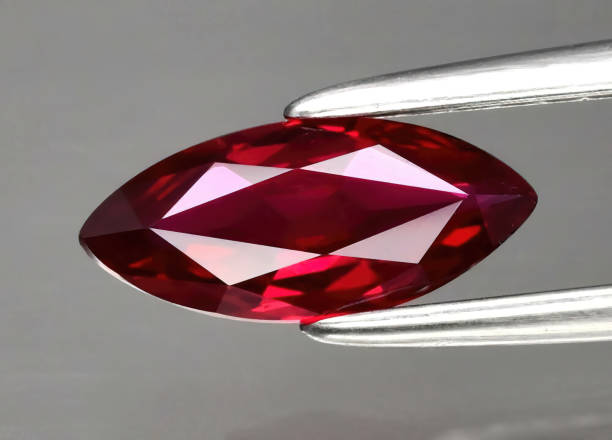 istock Natural precious red ruby in tongs on a gray background 1391832911