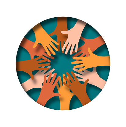 Paper cut diverse people hand team raised up together inside circle shape. Multi-ethnic teamwork support or international help group illustration concept. Realistic 3d papercut design.