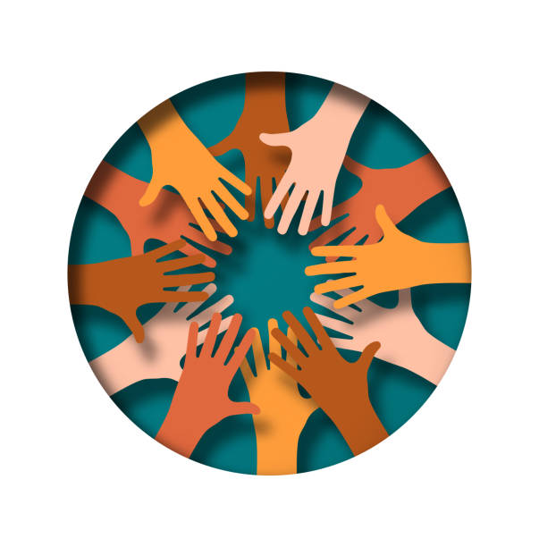 Paper cut diverse people hand team raised up together Paper cut diverse people hand team raised up together inside circle shape. Multi-ethnic teamwork support or international help group illustration concept. Realistic 3d papercut design. paper craft stock illustrations