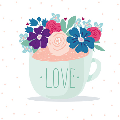 Turquoise cup with the inscription love, decorated with floral decor. Nice Flat illustration.
