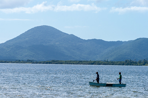 Santa Catarina, Brazil, April 16, 2009. Fishermen on Conceicao Lagoon in Florianopolis city, Santa Catarina state