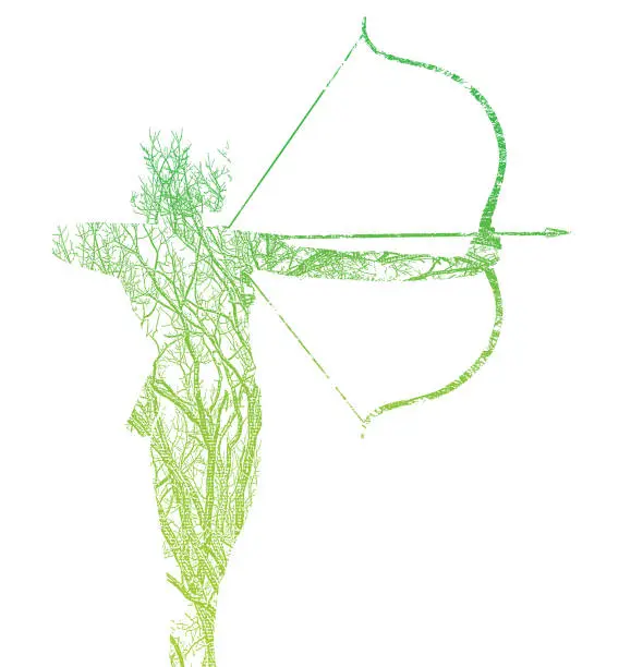 Vector illustration of Multiple exposure of a Young woman, trees and bow and arrow
