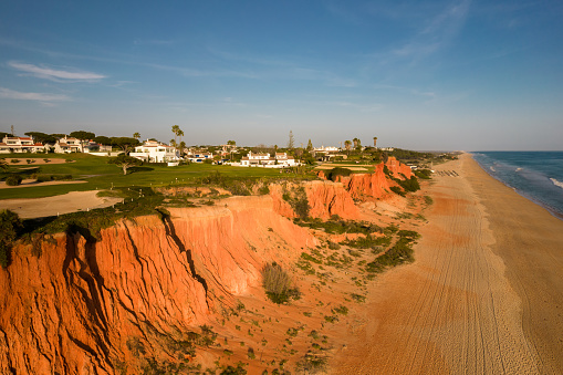 Aerial view of golf courses at Vale de Lobo, Algarve, Portugal next to the beach