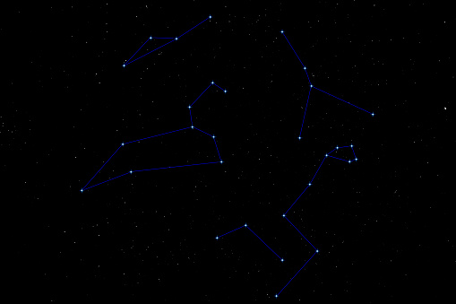 constellations Leo mino, Leo, Cancer, Sextants and Hydra, view into a bright night sky of the northern hemisphere