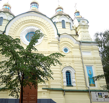 You see the Orthodox church Holy Resurrection Cathedral in the city of Rivne, Ukraine. Rivne is a city located in the north of the western part of Ukraine, the administrative center of the Rivne region.