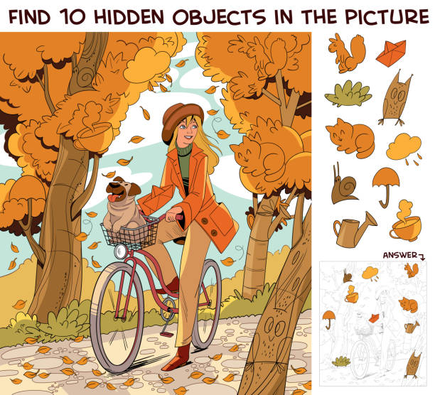 ilustraciones, imágenes clip art, dibujos animados e iconos de stock de chica montando en bicicleta en el parque de otoño. encuentra 10 objetos ocultos en la imagen - dog school illustrations