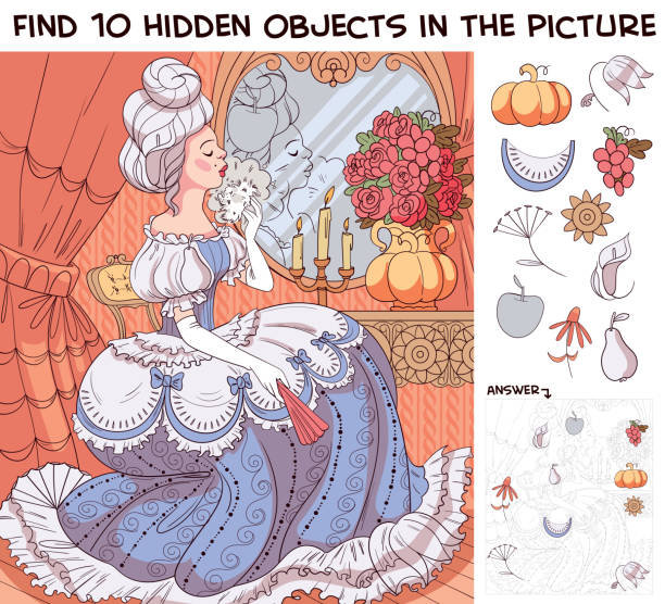 Baroque girl sitting at a dressing table. Find 10 hidden objects in the picture vector art illustration