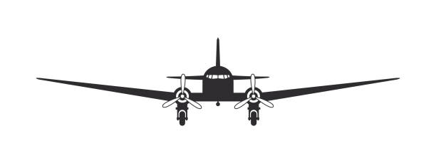 ilustrações, clipart, desenhos animados e ícones de avião. avião de hélice. vista frontal da silhueta do avião. símbolo de transporte de voo. imagem vetorial - 2498