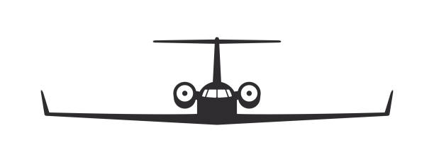 ilustrações, clipart, desenhos animados e ícones de avião. jato particular. vista frontal da silhueta do avião. símbolo de transporte de voo. imagem vetorial - 2503