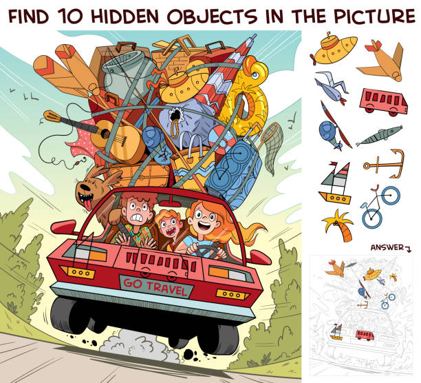 ilustrações de stock, clip art, desenhos animados e ícones de travel by car on family vacation. find 10 hidden objects in the picture - hiding