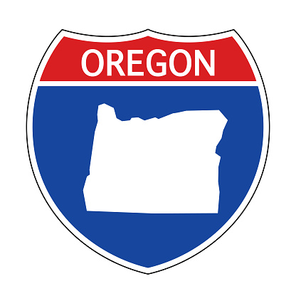 Vector illustration of a red, white and blue Oregon map road sign.