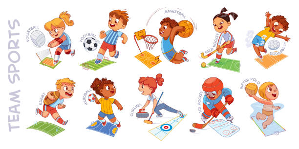 Team sport. Volleyball, football, basketball, hockey, dodgeball, rugby, handball, curling, water polo Team sport. Volleyball, football, basketball, hockey, dodgeball, rugby, handball, curling, water polo. Colorful cartoon characters. Funny vector illustration. Isolated on white background. Set basketball practice stock illustrations