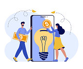 istock Crowdfunding, investment into idea or business startup. Vector flat concept illustration. People putting money to bulb. Online service project to donate, support or collective raise money for ideas 1391850331