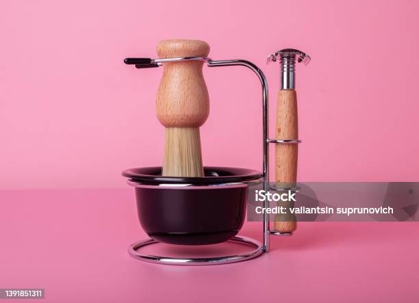 Shaving Kit For Men Razor Brush Cup For Foam In Vintage Retro Style Grooming Set On Pink Background Hygiene And Face Care Concept Stock Photo - Download Image Now