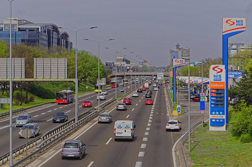 Belgrade, Serbia - April 11, 2018: Busy traffic at highway road through New Belgrade spring day.